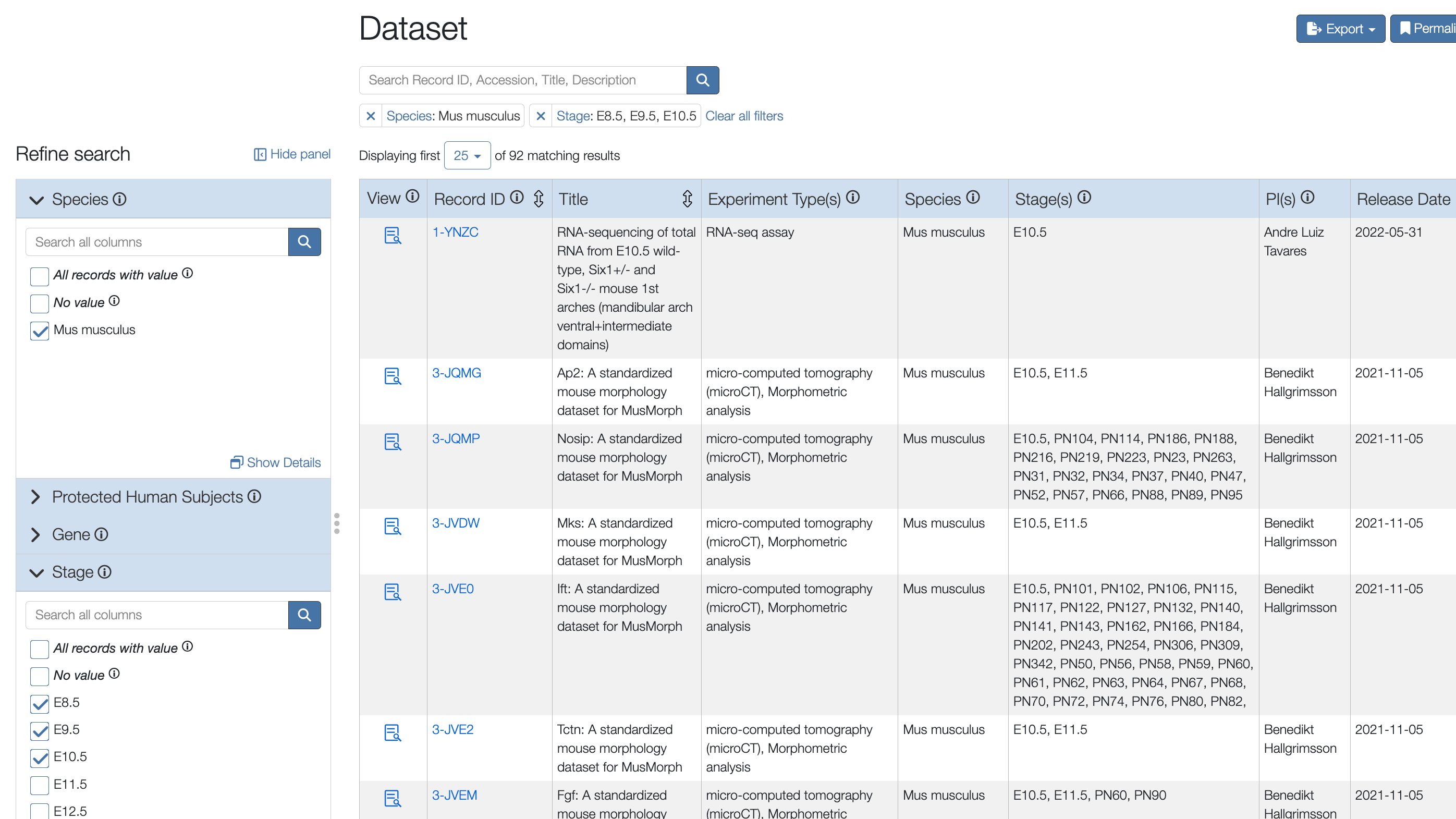 Screenshot of the FaceBase Data Browser