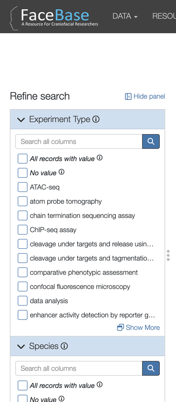 FaceBase Data Browser search page